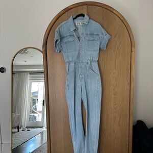 Free People Blue Denim Jumpsuit with Short Sleeves and Defined Waist